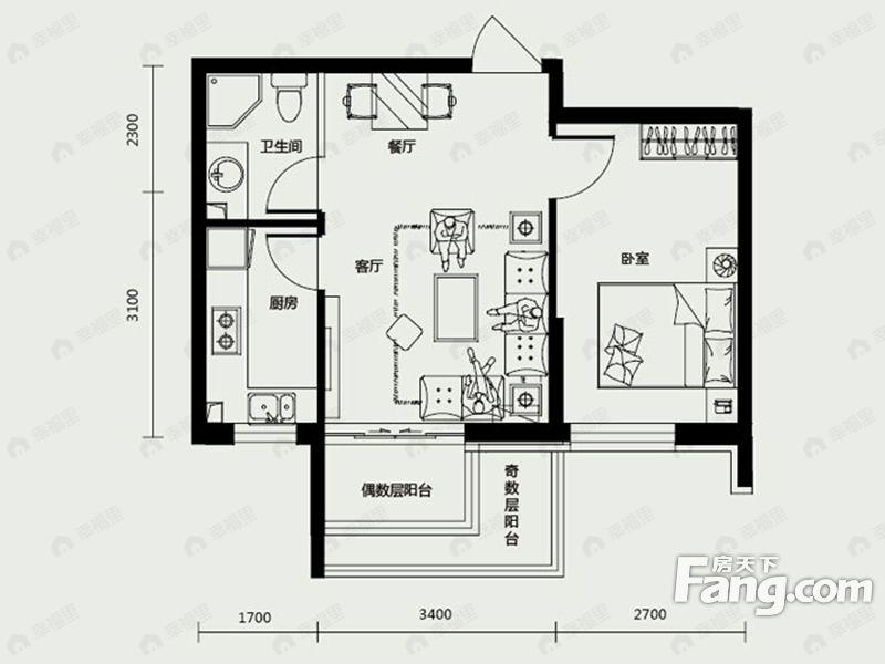 1室2厅1卫建面52平户型图