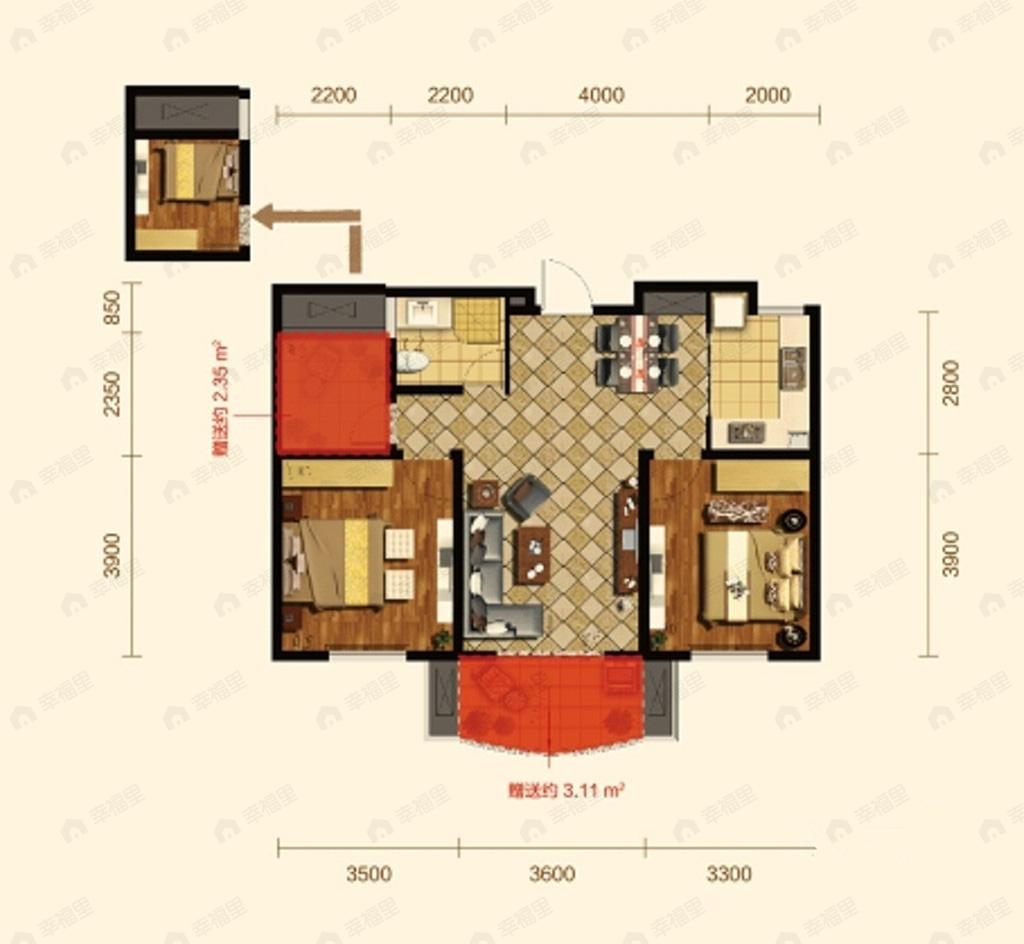 2室1厅1卫建面92平户型图