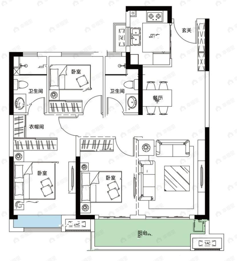 福星惠誉·琛境3室2厅2卫户型图