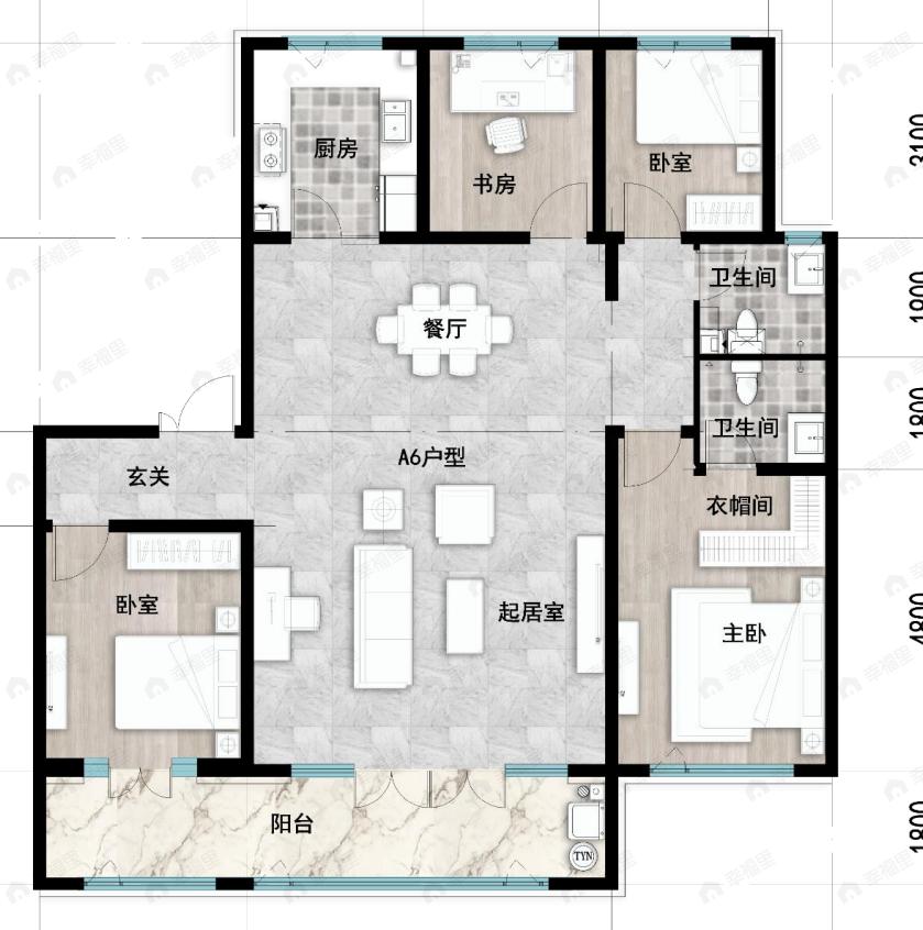 4室4厅4卫建面169平南户型图