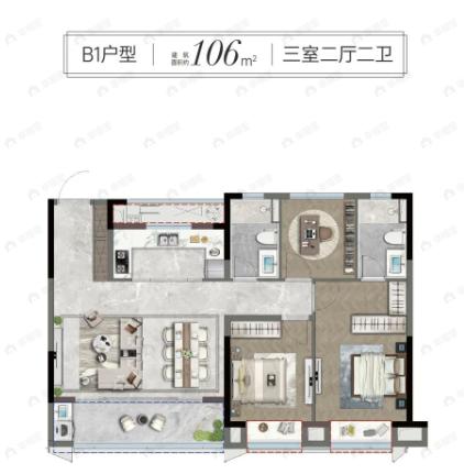 商城福田印象3室2厅2卫户型图