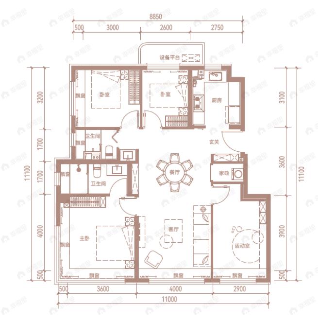 4室2厅2卫建面116平南|北户型图