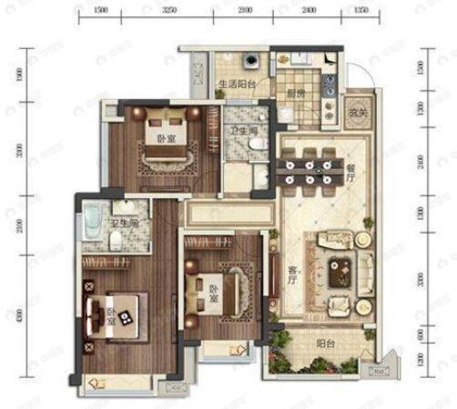 3室2厅2卫建面115平南户型图