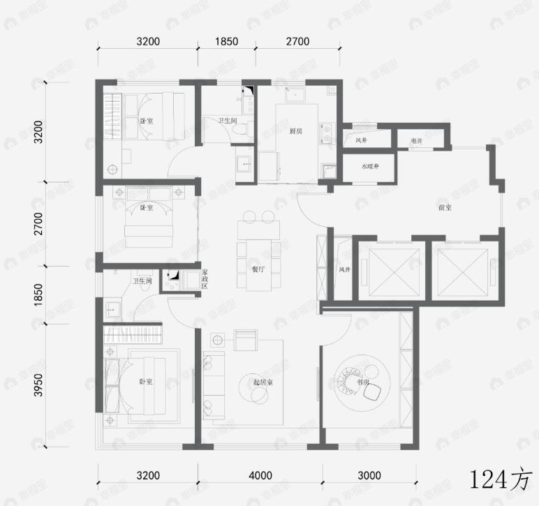 4室2厅2卫建面124平北|南户型图