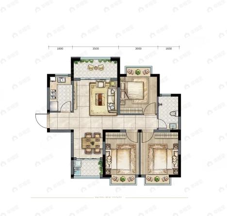 3室2厅1卫建面89平北|南户型图