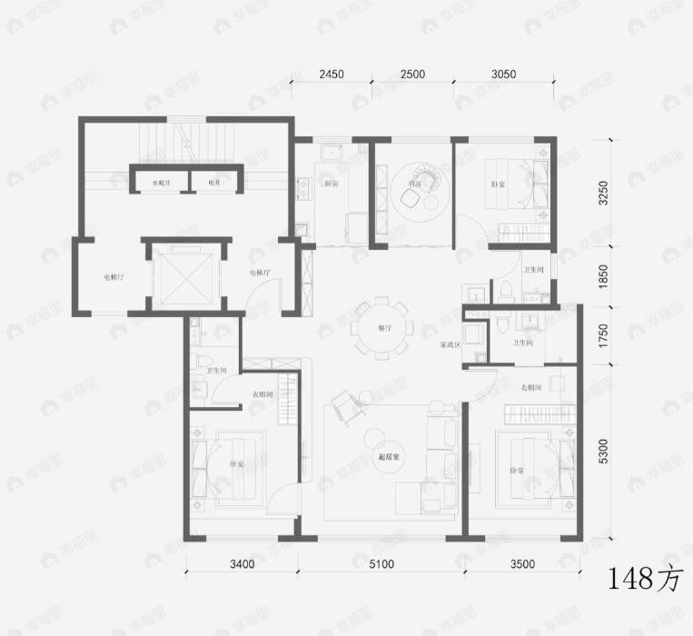 4室2厅3卫建面148平南|北户型图