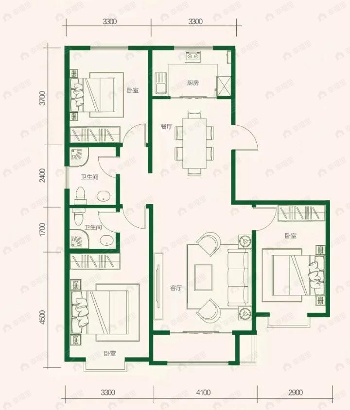 3室2厅2卫建面129平北|南户型图