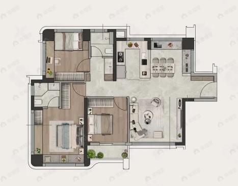 3室2厅2卫建面96m²南户型图