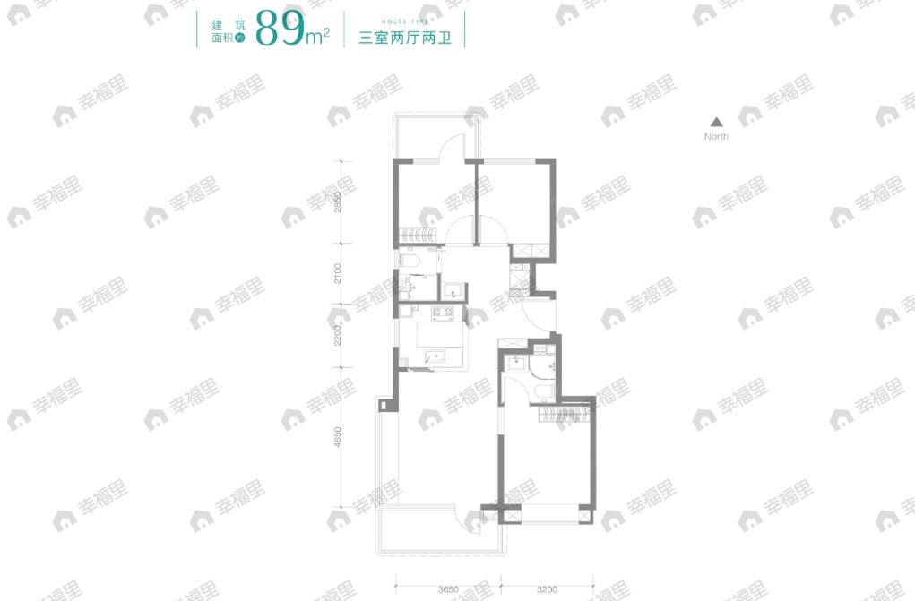 3室2厅2卫建面89m²南|北户型图