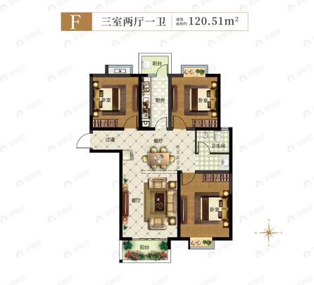 明山学府东苑3室2厅1卫户型图