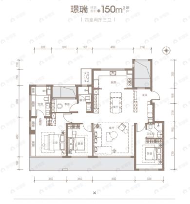 4室2厅3卫建面150平南户型图