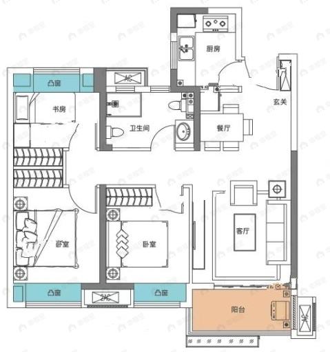 天汇龙城3室2厅1卫户型图