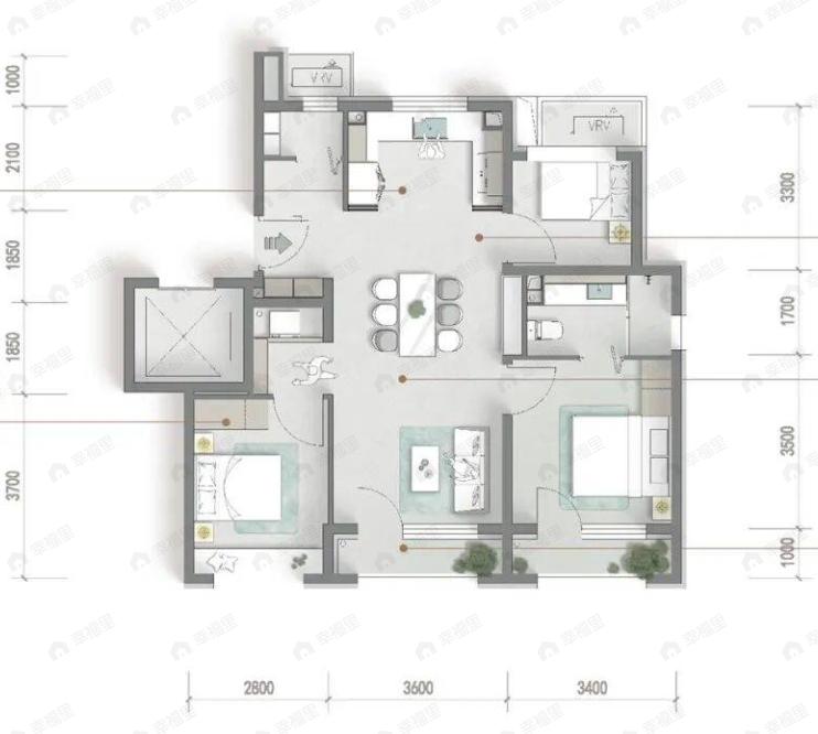 3室2厅1卫建面96平南|北户型图