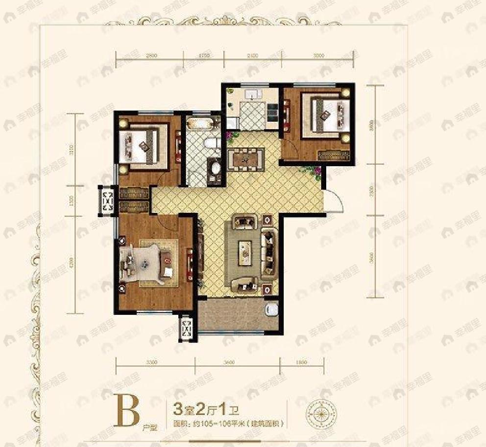 3室2厅1卫建面105平北|南户型图