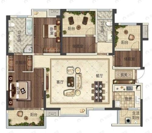 4室2厅2卫建面144平南户型图