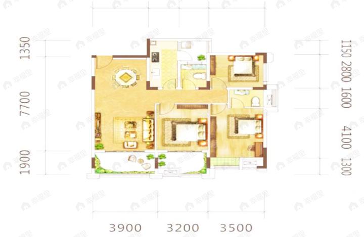 3室2厅2卫建面103m²南|北户型图