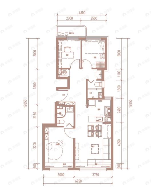 3室2厅2卫建面84平户型图