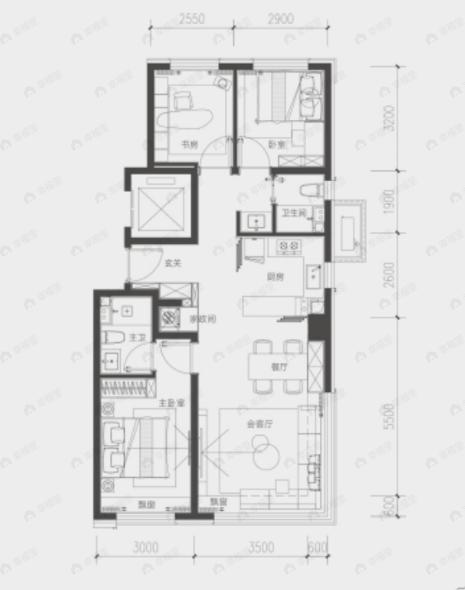 3室2厅2卫建面107m²南|北户型图