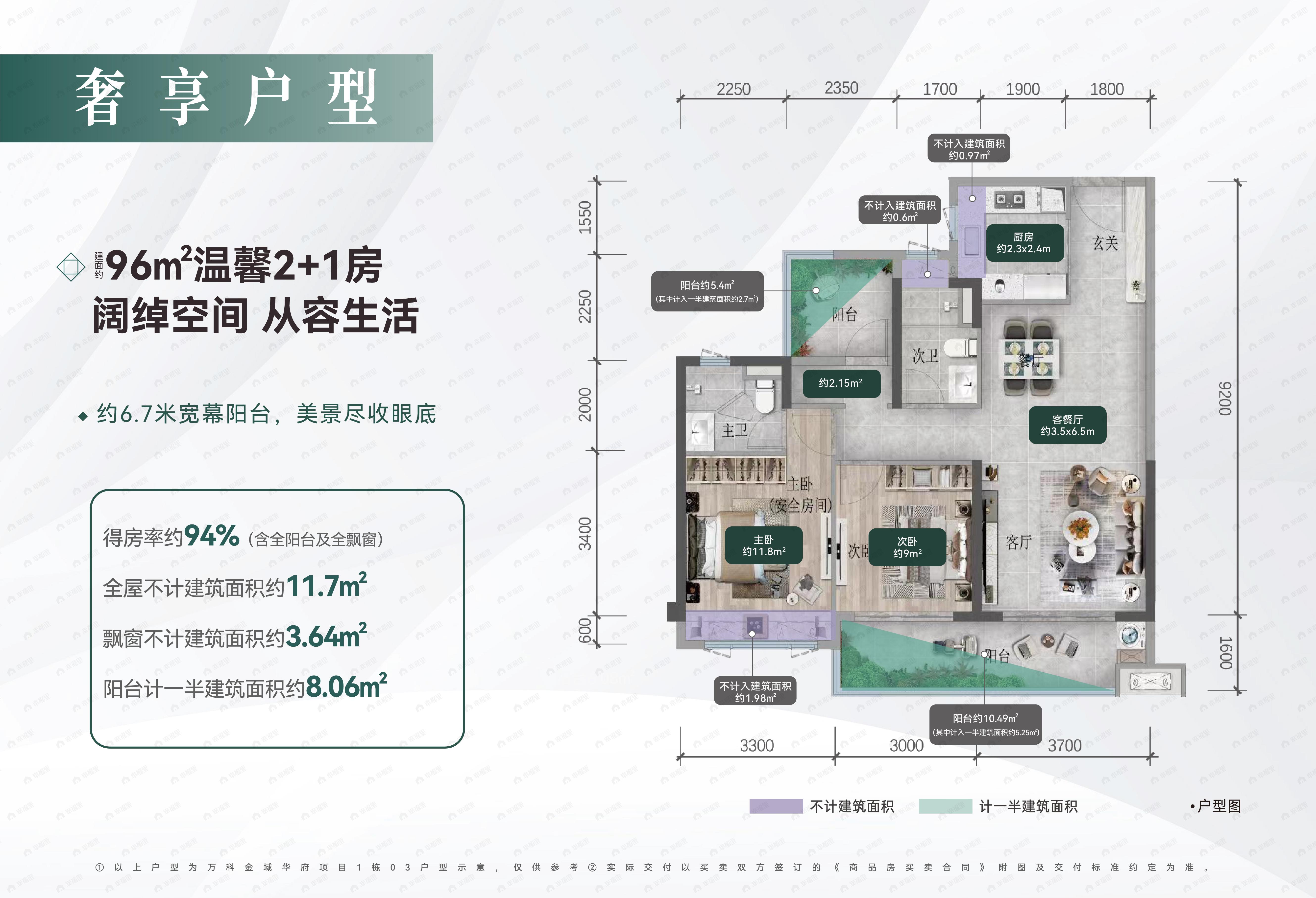 2室2厅2卫建面96m²南户型图