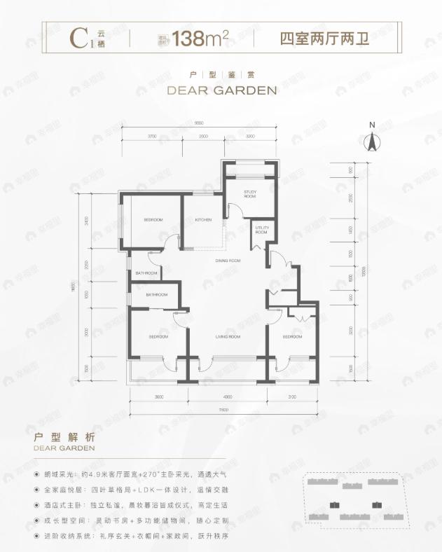 4室2厅2卫建面138m²北|南户型图