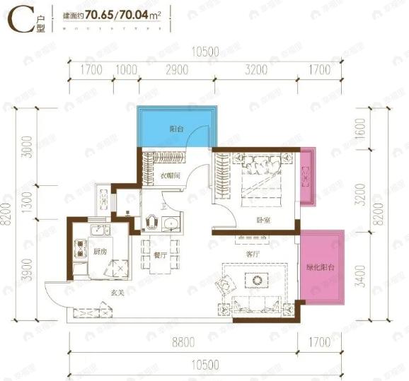 龙光玖誉湖2室2厅1卫户型图