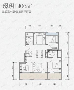 3室2厅2卫建面106平户型图