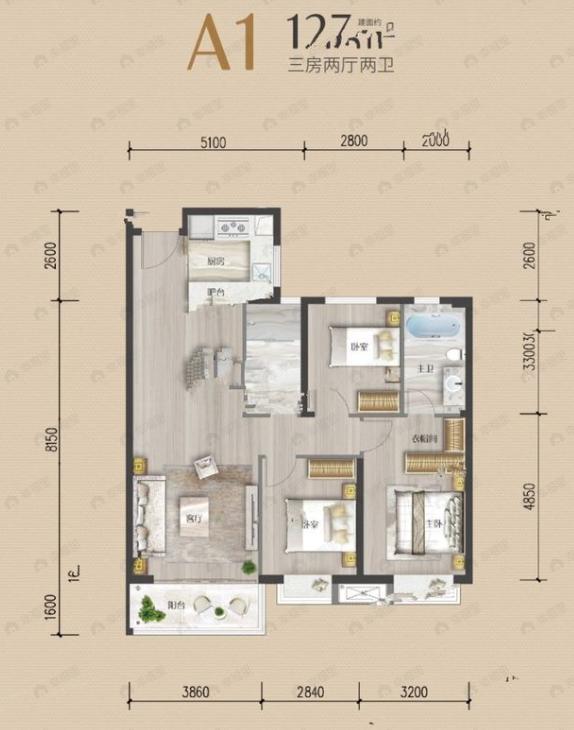 武汉江城府3室2厅2卫户型图