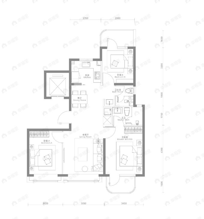 3室2厅2卫建面108m²南|北户型图