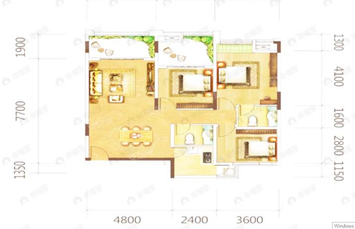 3室2厅2卫建面105m²南户型图