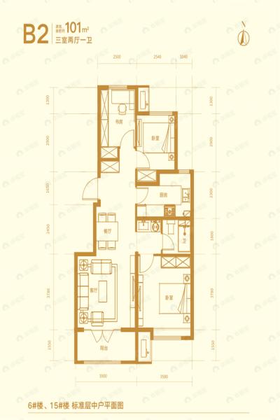 3室2厅1卫建面101平户型图
