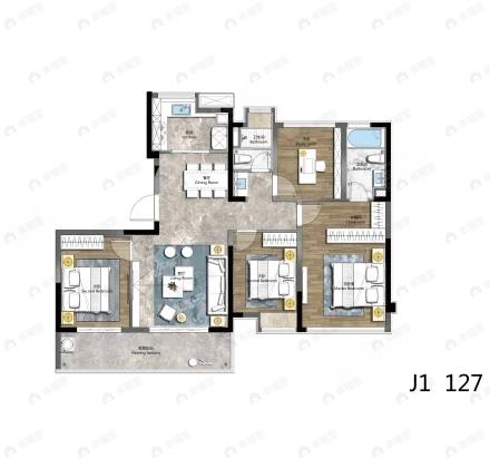 4室2厅2卫建面127平南户型图
