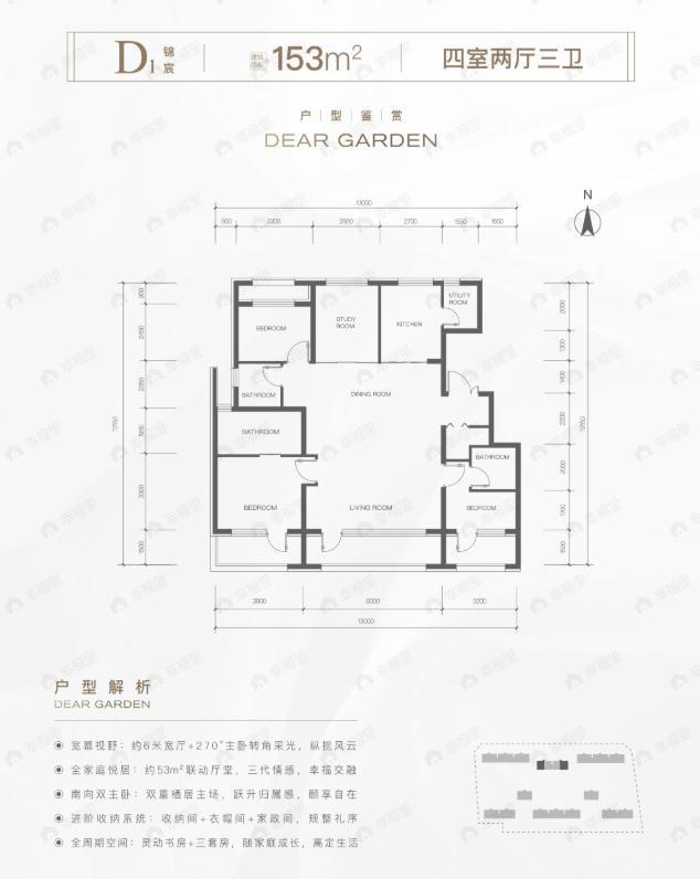 4室2厅3卫建面153m²北|南户型图