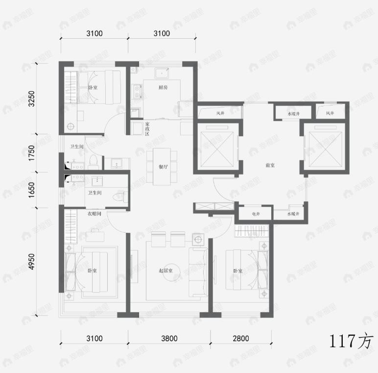 3室2厅2卫建面117m²北|南户型图