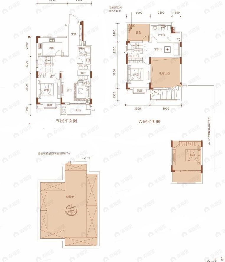 3室2厅2卫建面121m²南户型图