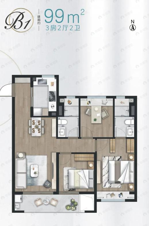 陆家嘴锦绣澜湾3室2厅2卫户型图