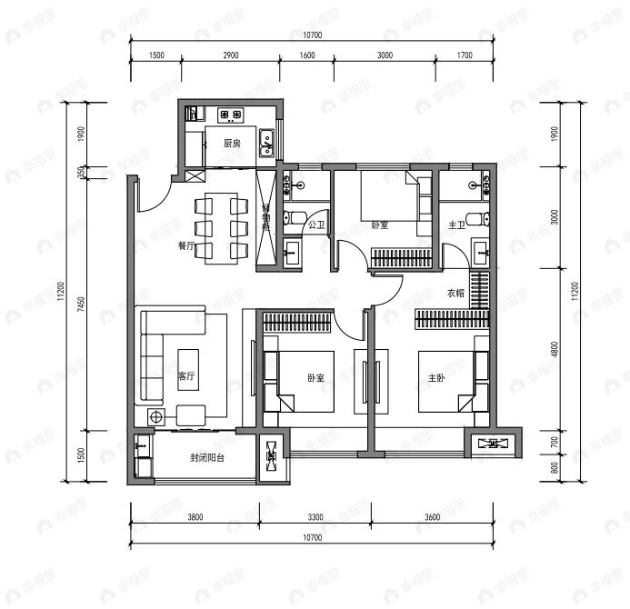 3室2厅2卫建面115平户型图