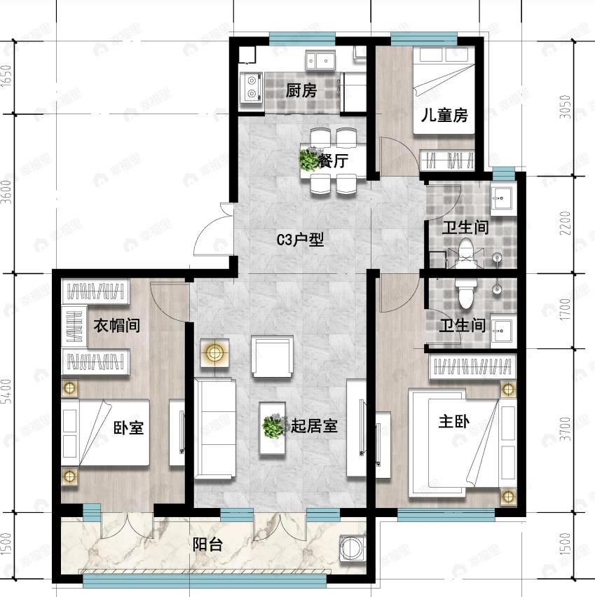 成龙学府·悦城3室2厅2卫户型图