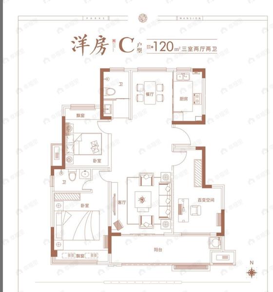 3室2厅2卫建面120平户型图