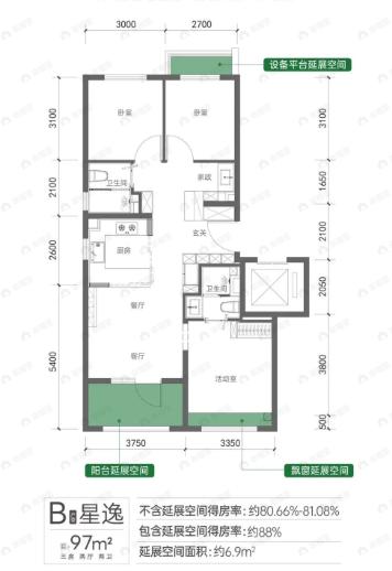 3室2厅2卫建面97m²北|南户型图