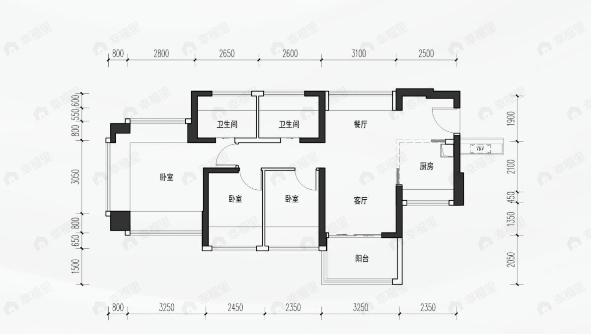 3室2厅2卫建面80平户型图