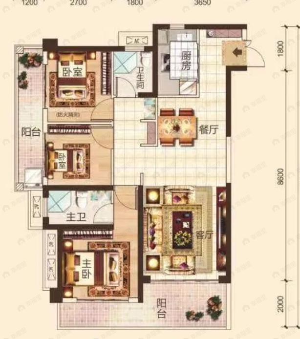 3室2厅2卫建面102平户型图
