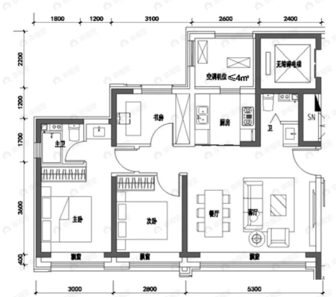 3室2厅2卫建面89平户型图