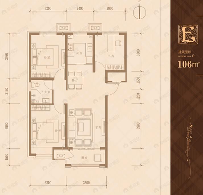 3室2厅1卫建面106m²户型图
