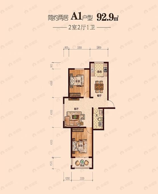 2室2厅1卫建面93m²南|北户型图