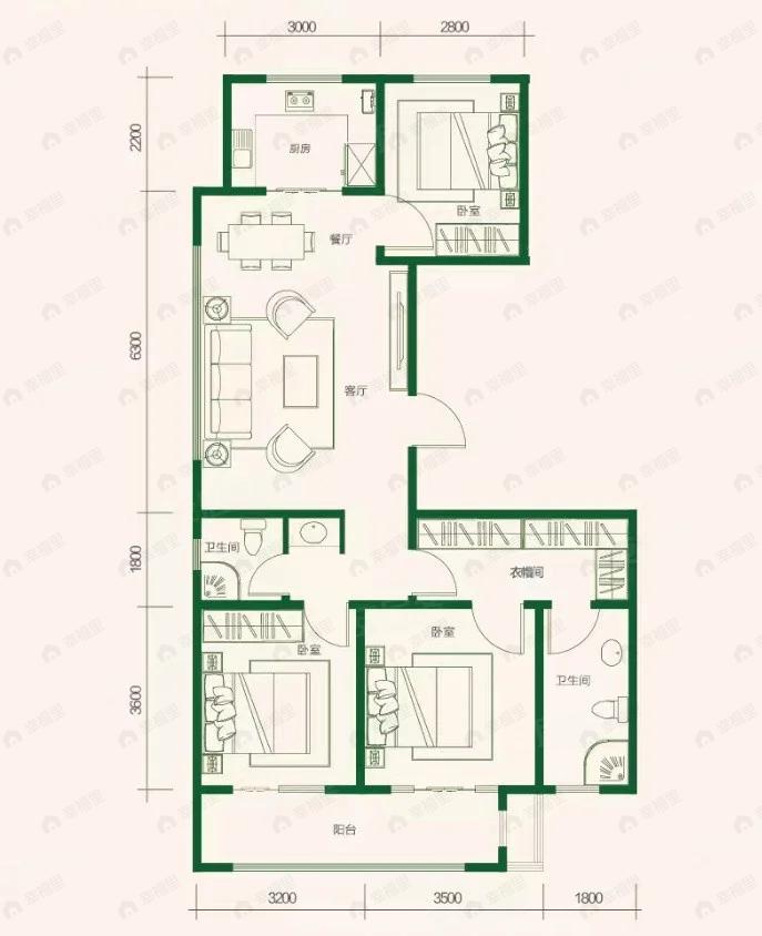 3室2厅2卫建面125平南|北户型图