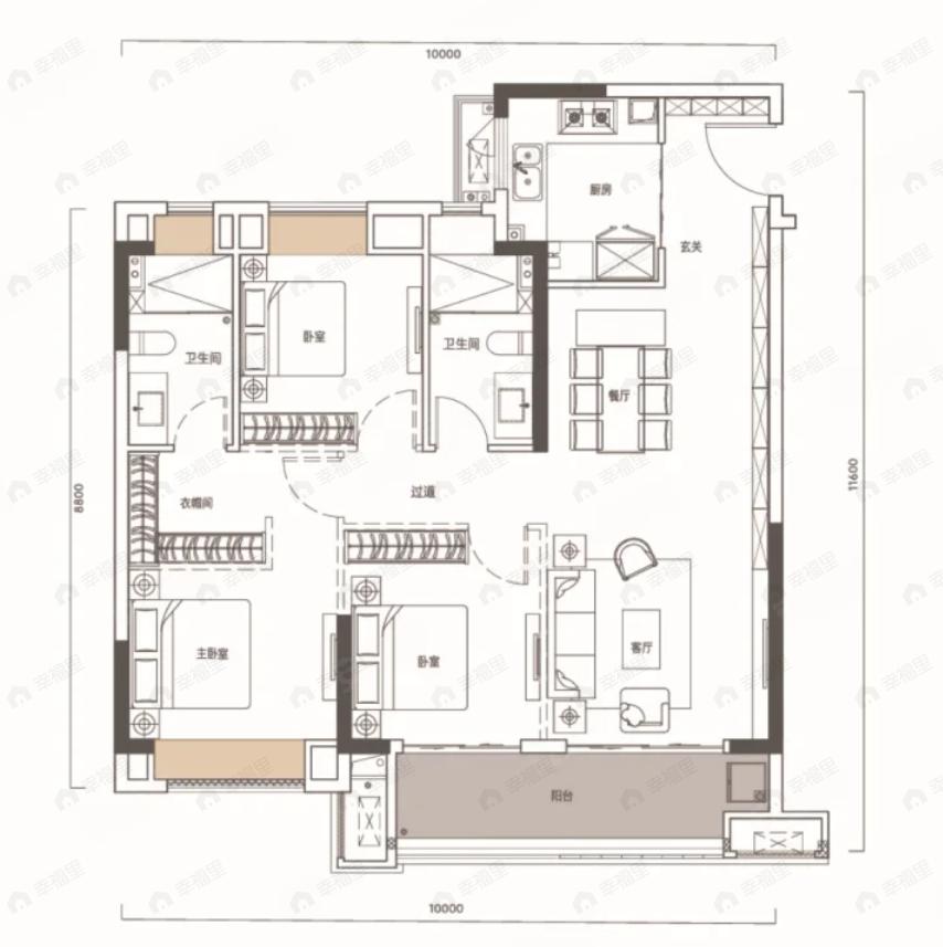 3室2厅2卫建面119平户型图