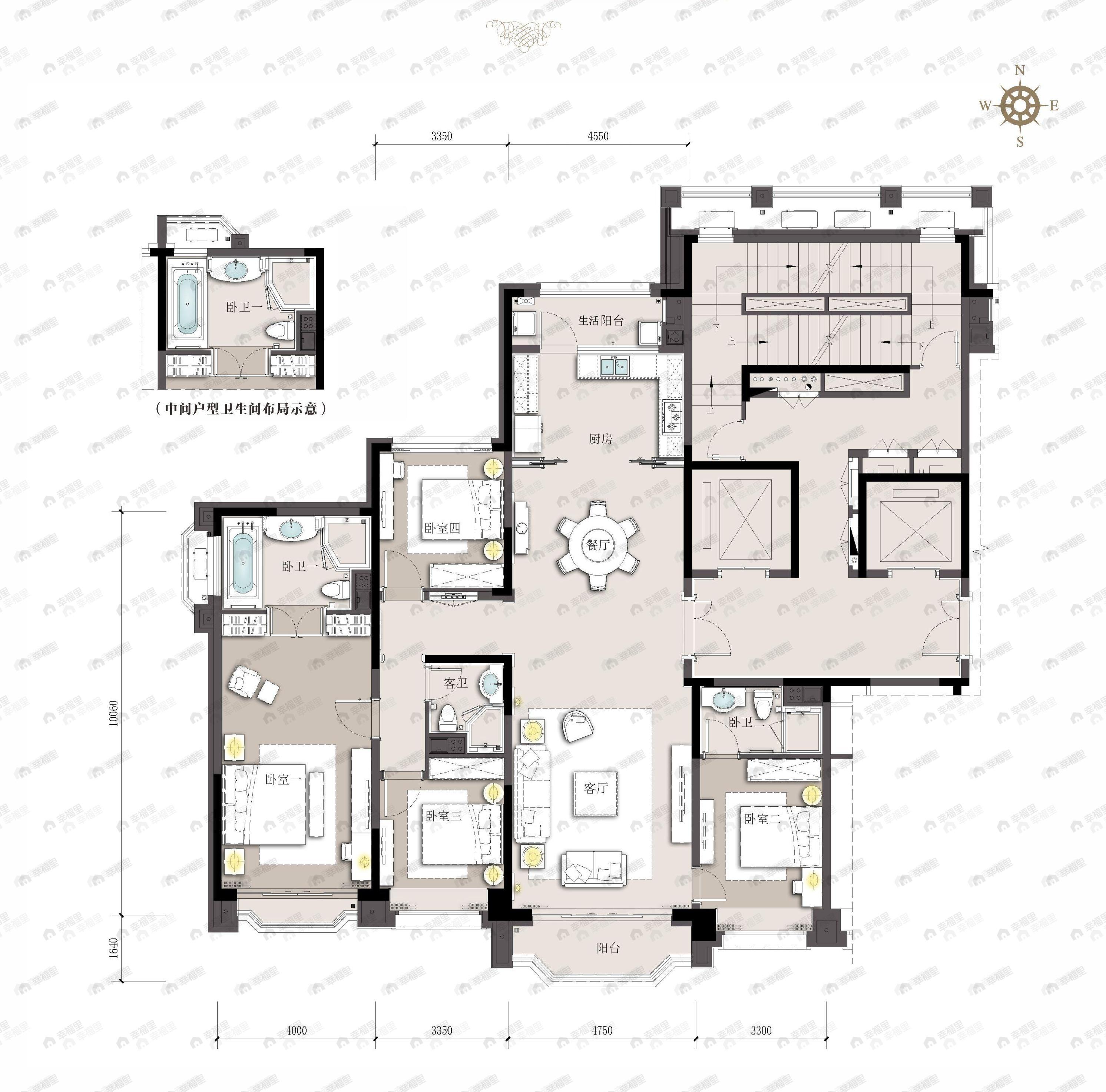 4室3厅3卫建面221m²南|北户型图