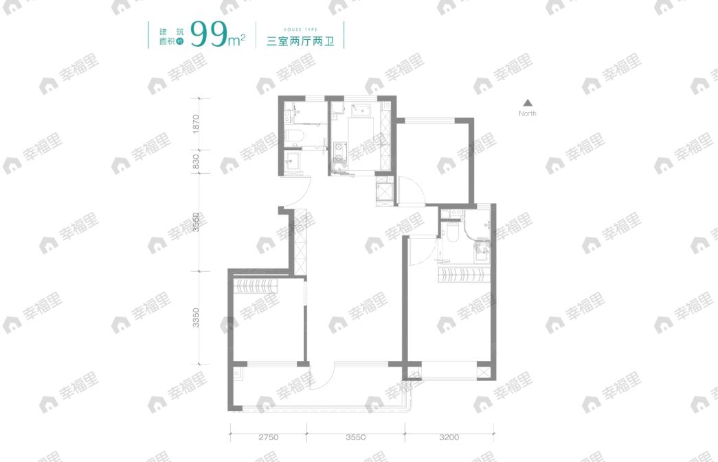 3室2厅2卫建面99m²南|北户型图
