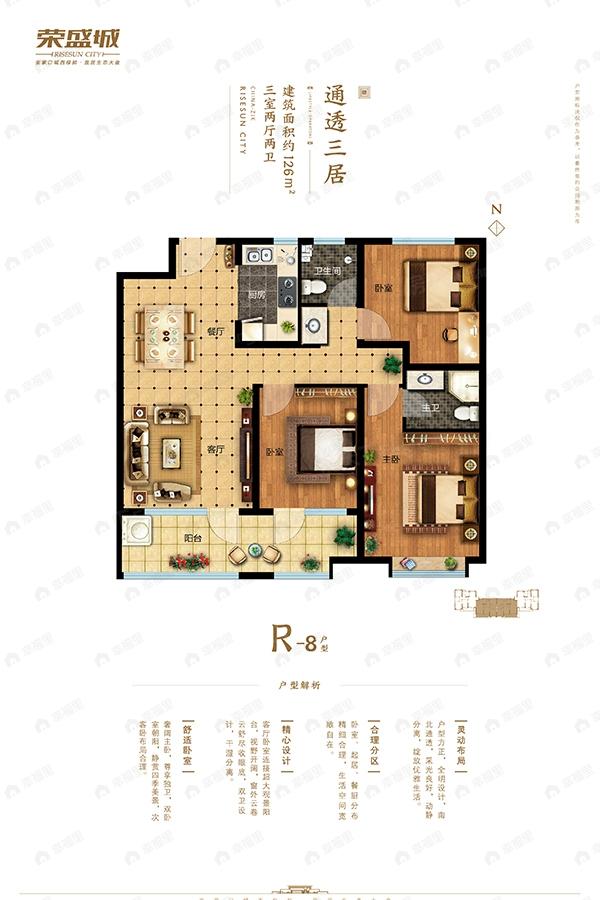 3室2厅2卫建面126平北|南户型图
