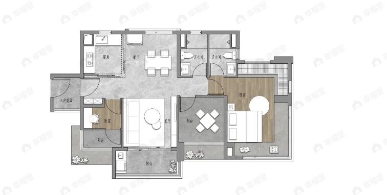2室2厅2卫建面85平户型图